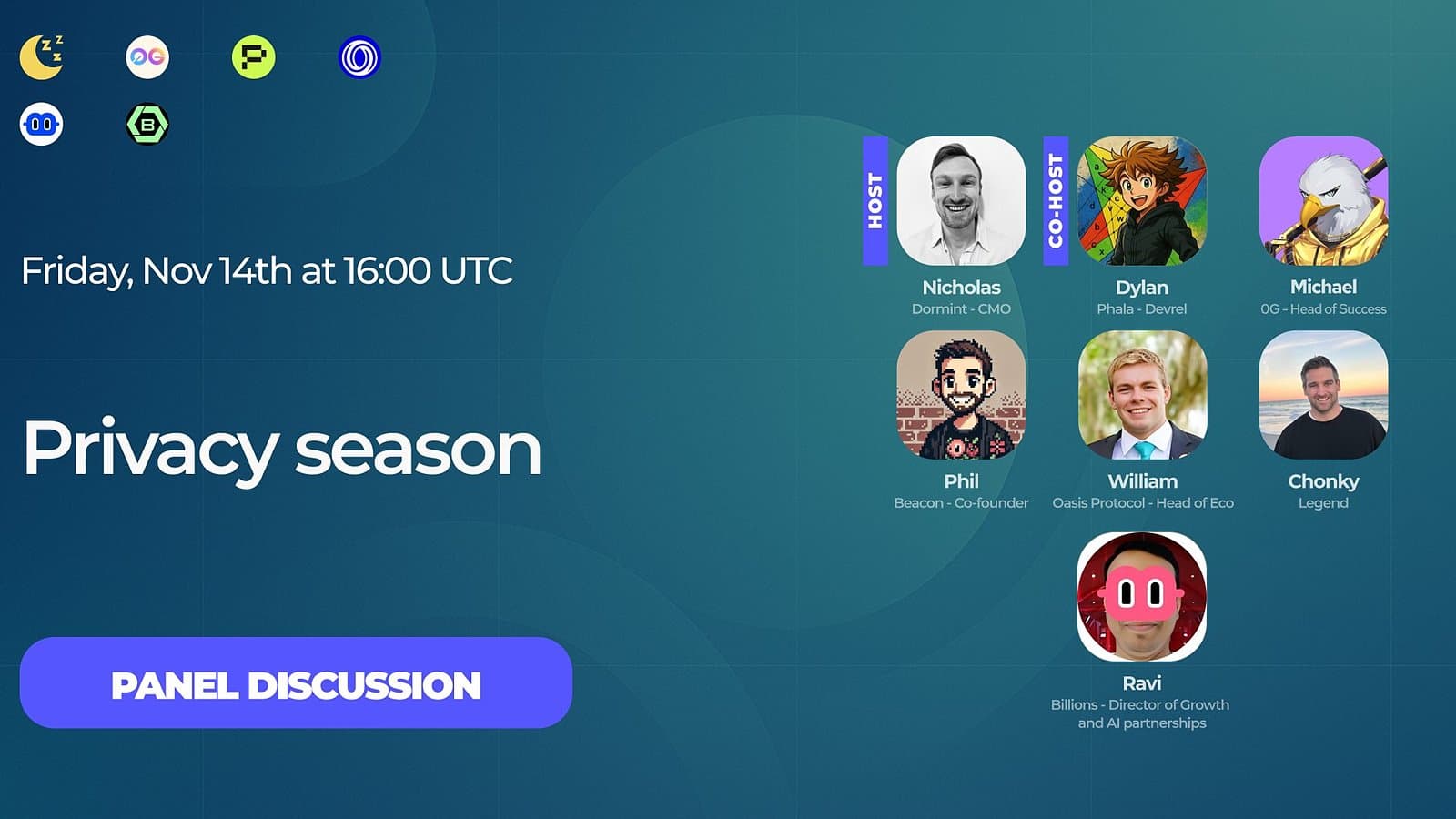 Dormint Privacy Masters X Space card for 'Privacy season' on Nov 14, 2025, featuring Michael from 0G